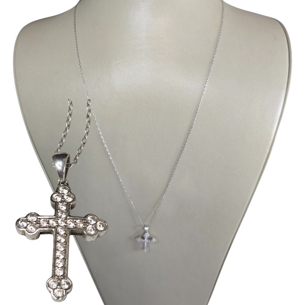 KA1772 Vintage Sterling Silver Cubic Zirconia Cross Pendant Necklace Italy